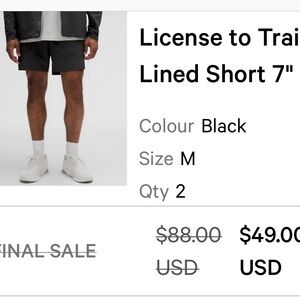 Lululemon License to Train Lined Shorts, Men’s, 7” Inseam, Black, Size Medium